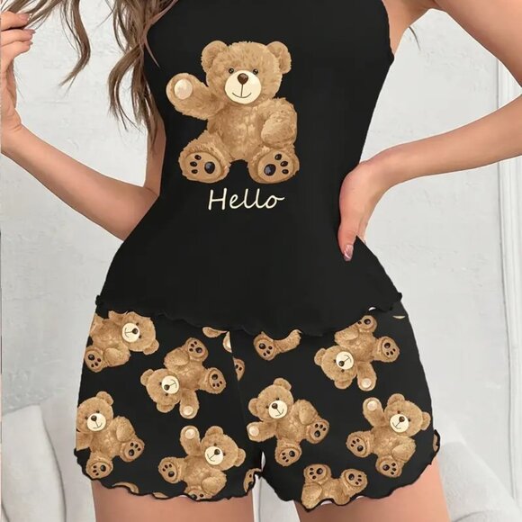 NWT Teddy Bear Hello Print Pajama Shorts and Tank Set - Picture 3 of 3